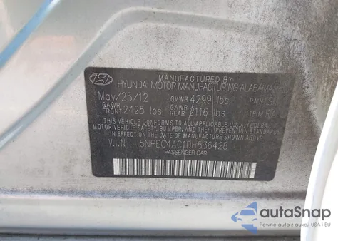 2013 Hyundai Sonata Se z USA, uszkodzony, nr VIN 5NPEC4AC1DH536428